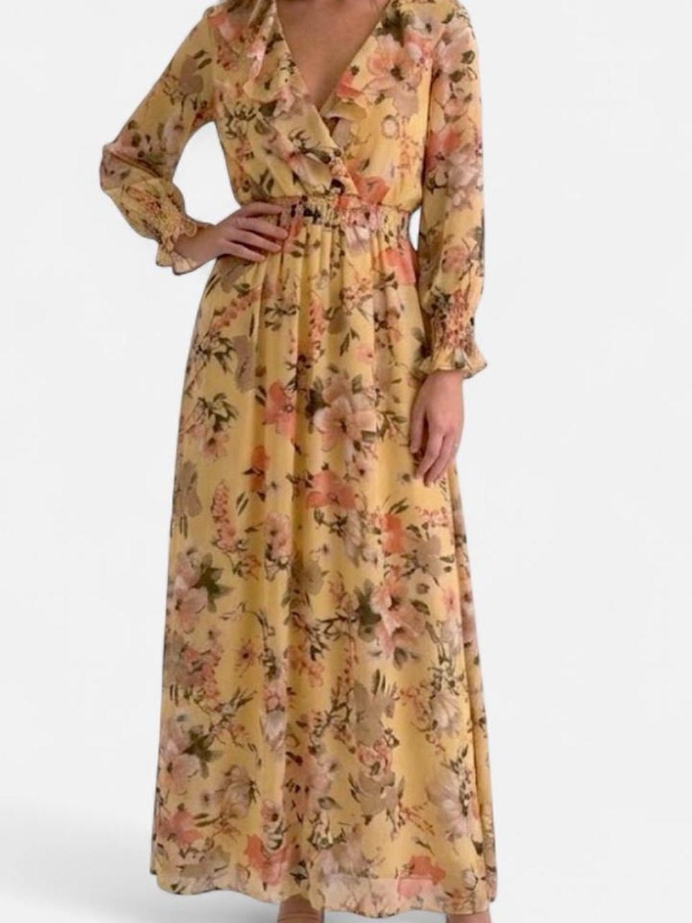 Shelby & Palmer Yellow Floral Ruffle-Trim Maxi Dress
